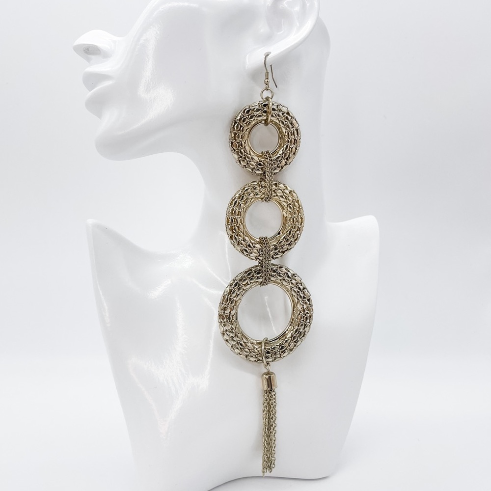 Trendy Three Tier Statement Earrings Gold Shoulder Duster